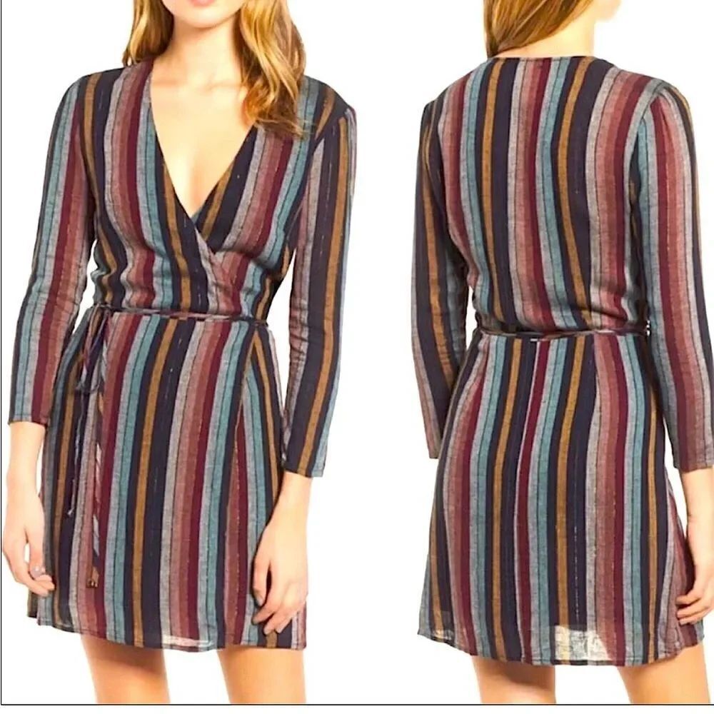 Rails Lola preppy minimalist striped v neck wrap dress linen coastal S
